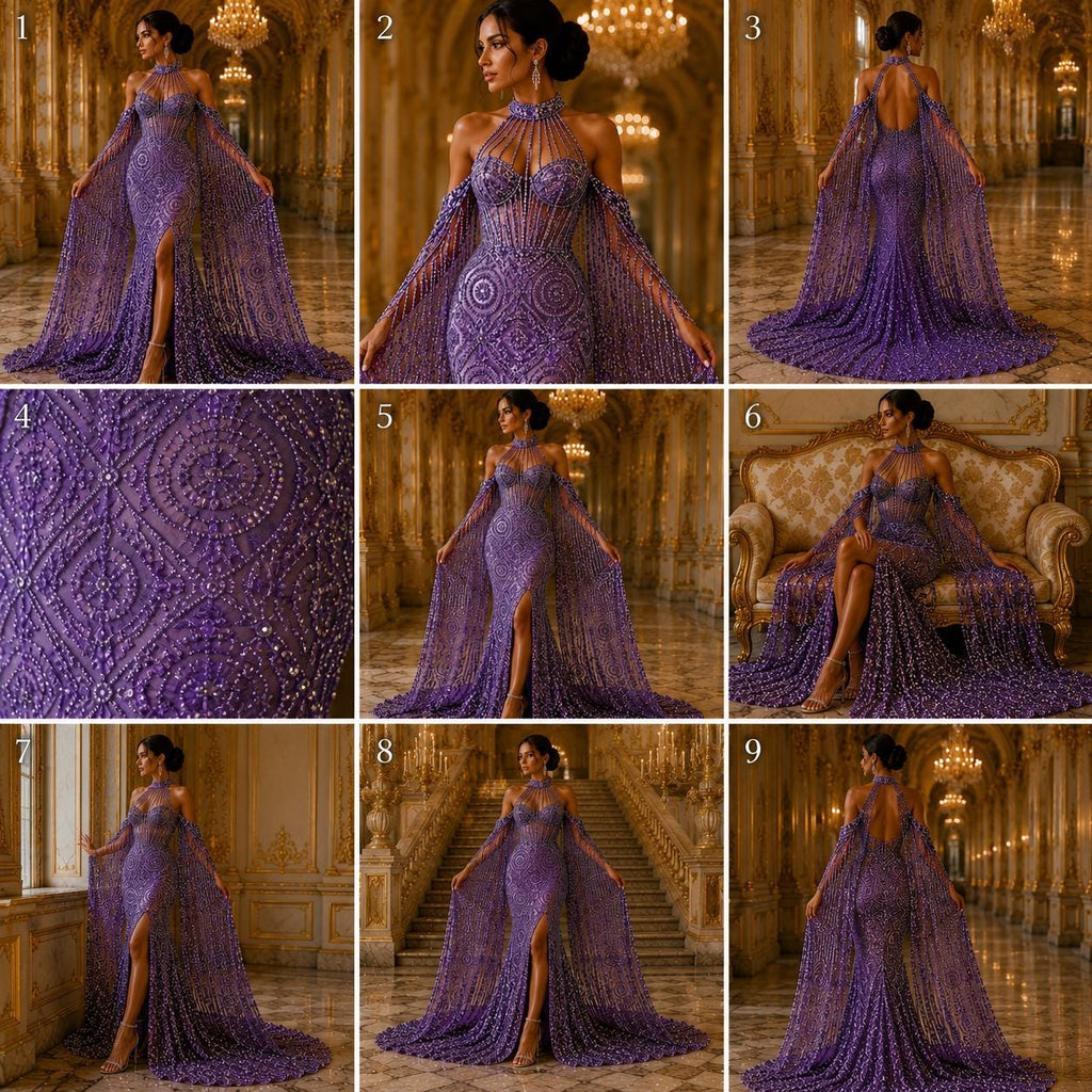 Luxurious Design Lace - Lilac - Geometric Beaded Design with Embroidered Sequins and Beads On a Mesh Lace Fabric By The Yard