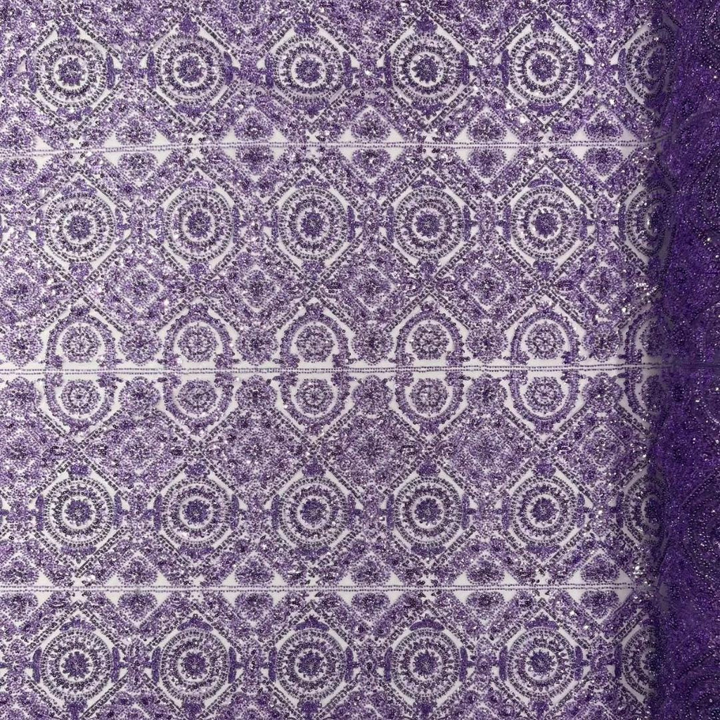 Luxurious Design Lace - Lilac - Geometric Beaded Design with Embroidered Sequins and Beads On a Mesh Lace Fabric By The Yard