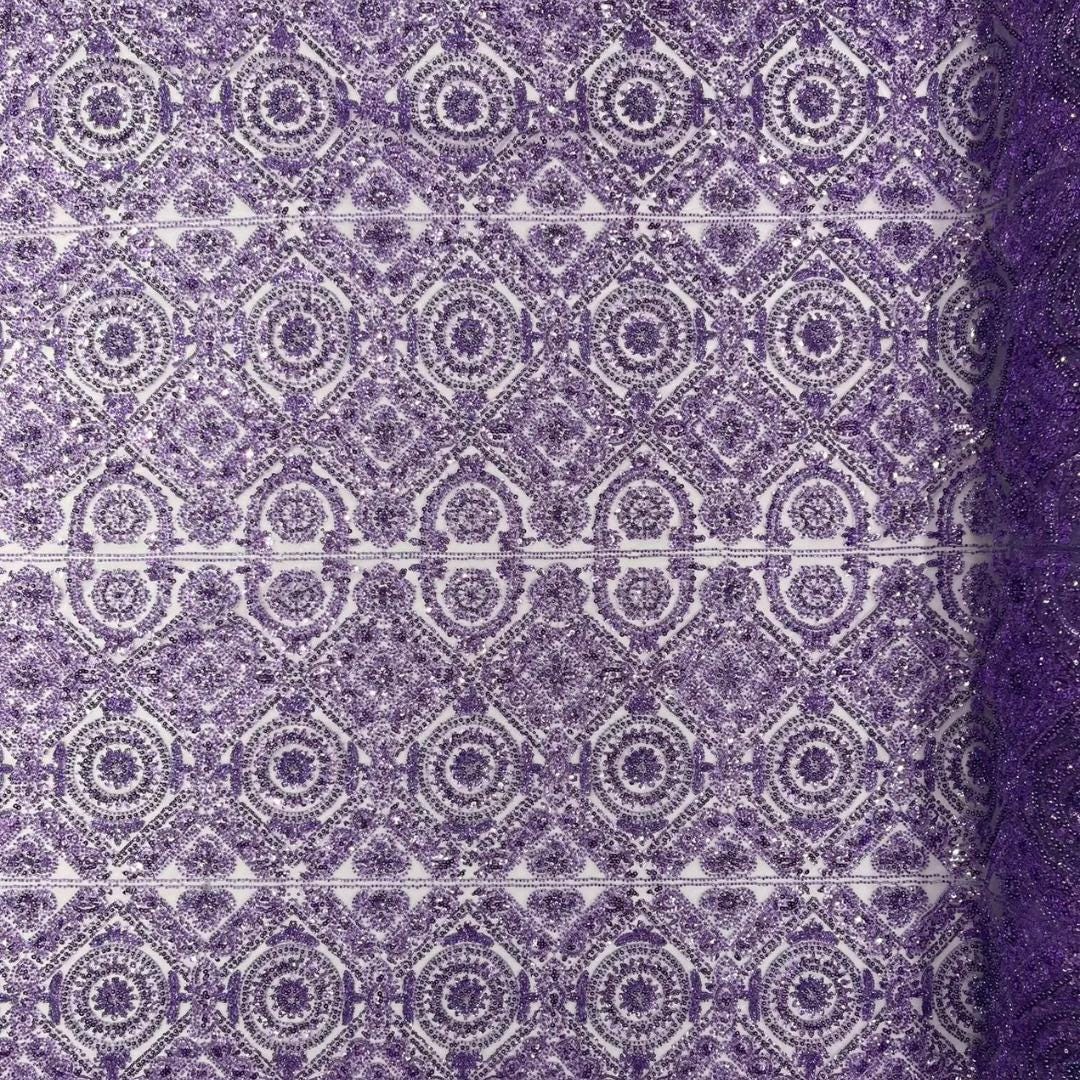 Luxurious Design Lace - Lilac - Geometric Beaded Design with Embroidered Sequins and Beads On a Mesh Lace Fabric By The Yard
