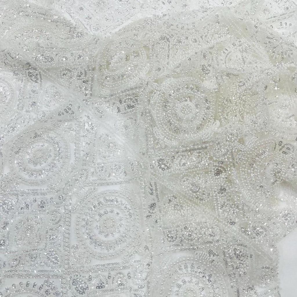 Luxurious Design Lace - Ivory - Geometric Beaded Design with Embroidered Sequins and Beads On a Mesh Lace Fabric By The Yard