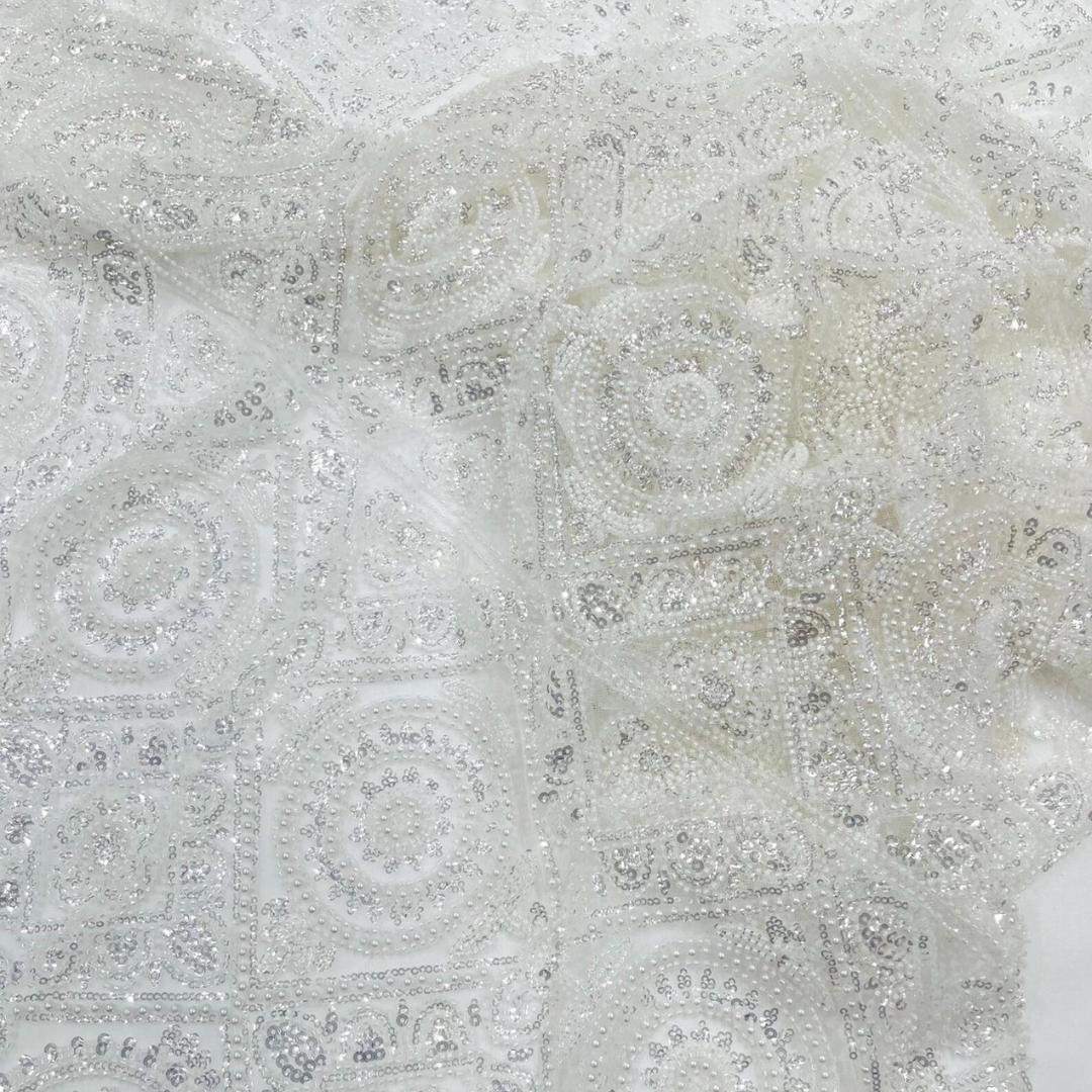 Luxurious Design Lace - Ivory - Geometric Beaded Design with Embroidered Sequins and Beads On a Mesh Lace Fabric By The Yard