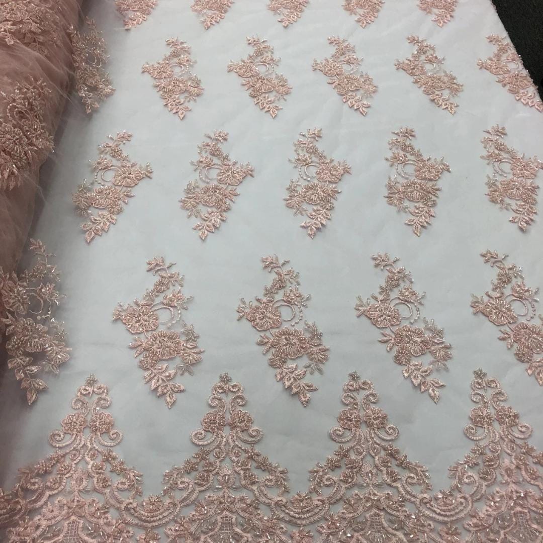 Lt Pink - Luxury Lace - Beaded Design with Embroidered Sequins and Beads On a Mesh Lace Fabric for Prom Dress By The Yard