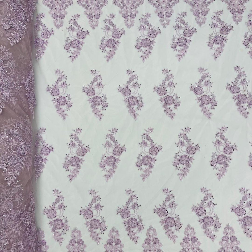 Lt Lilac - Luxury Lace - Beaded Design with Embroidered Sequins and Beads On a Mesh Lace Fabric for Prom Dress By The Yard