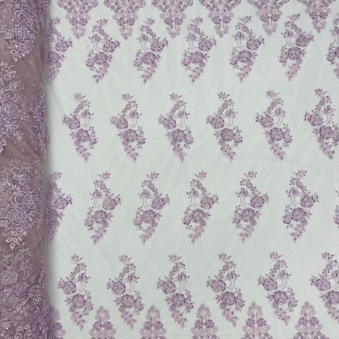 Lt Lilac - Luxury Lace - Beaded Design with Embroidered Sequins and Beads On a Mesh Lace Fabric for Prom Dress By The Yard