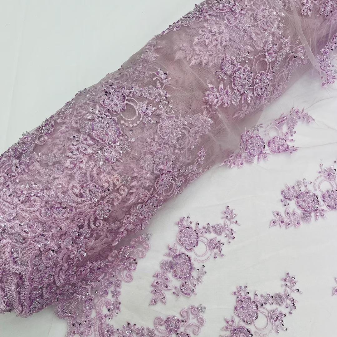 Lt Lilac - Luxury Lace - Beaded Design with Embroidered Sequins and Beads On a Mesh Lace Fabric for Prom Dress By The Yard