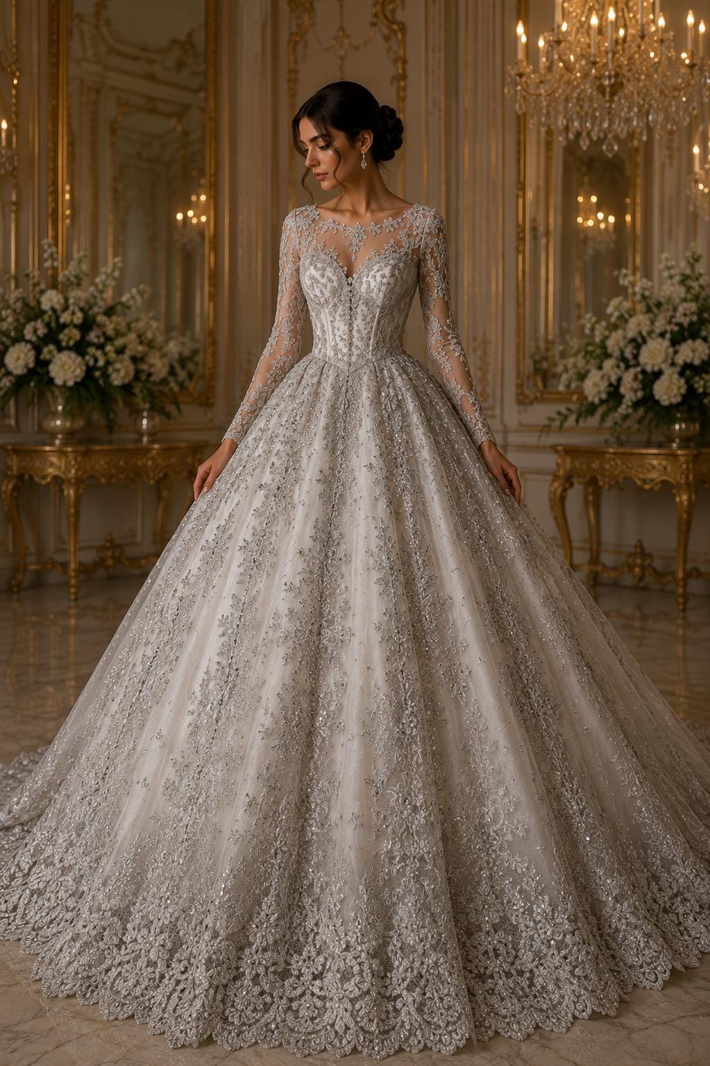 Silver - Luxury Lace - Beaded Design with Embroidered Sequins and Beads On a Mesh Lace Fabric for Prom Dress By The Yard