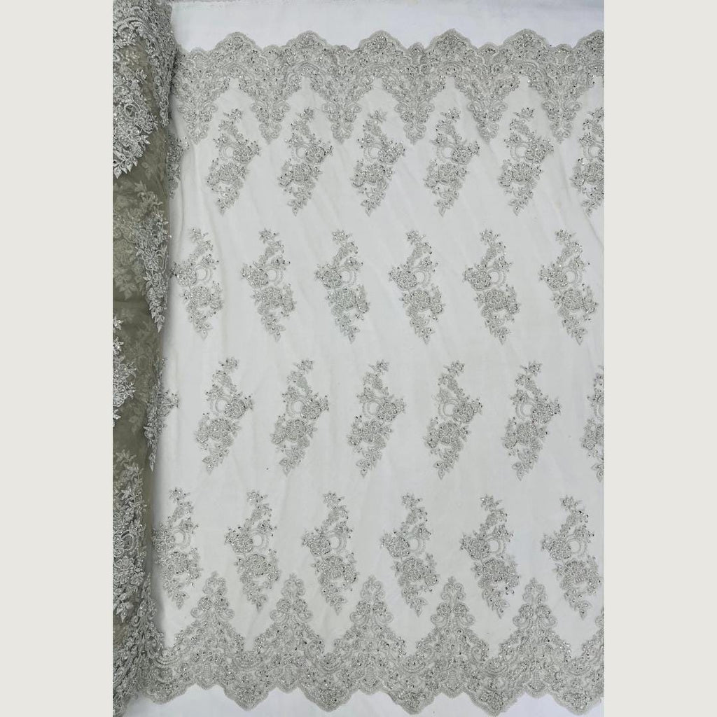 Silver - Luxury Lace - Beaded Design with Embroidered Sequins and Beads On a Mesh Lace Fabric for Prom Dress By The Yard