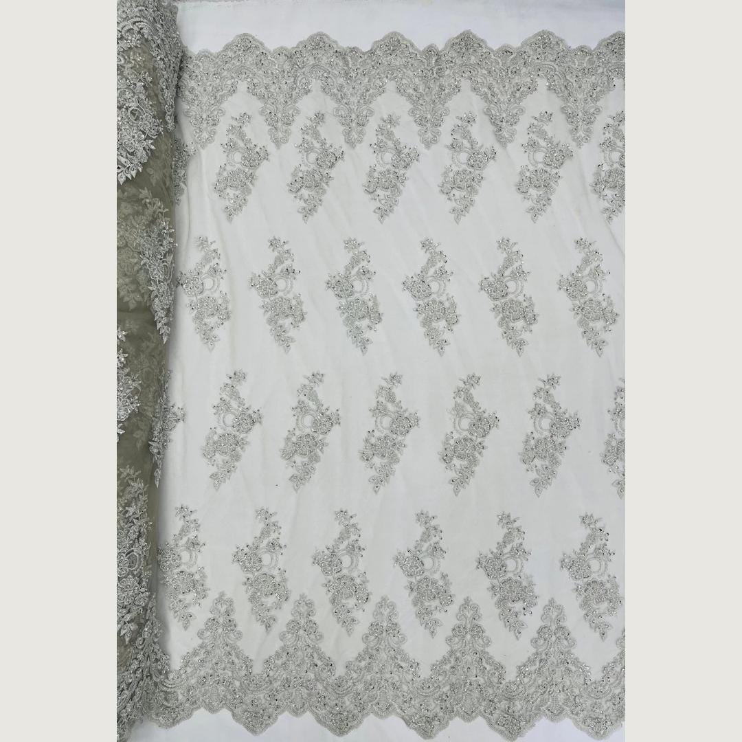 Silver - Luxury Lace - Beaded Design with Embroidered Sequins and Beads On a Mesh Lace Fabric for Prom Dress By The Yard