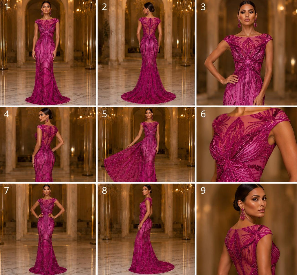 FUCHSIA - Luxurious Design Lace - Beaded Design with Embroidered Sequins and Beads On a Mesh Lace Fabric By The Yard