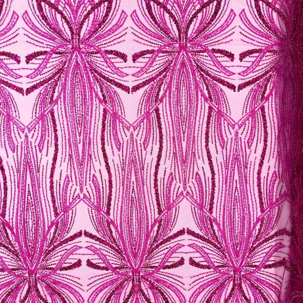 FUCHSIA - Luxurious Design Lace - Beaded Design with Embroidered Sequins and Beads On a Mesh Lace Fabric By The Yard