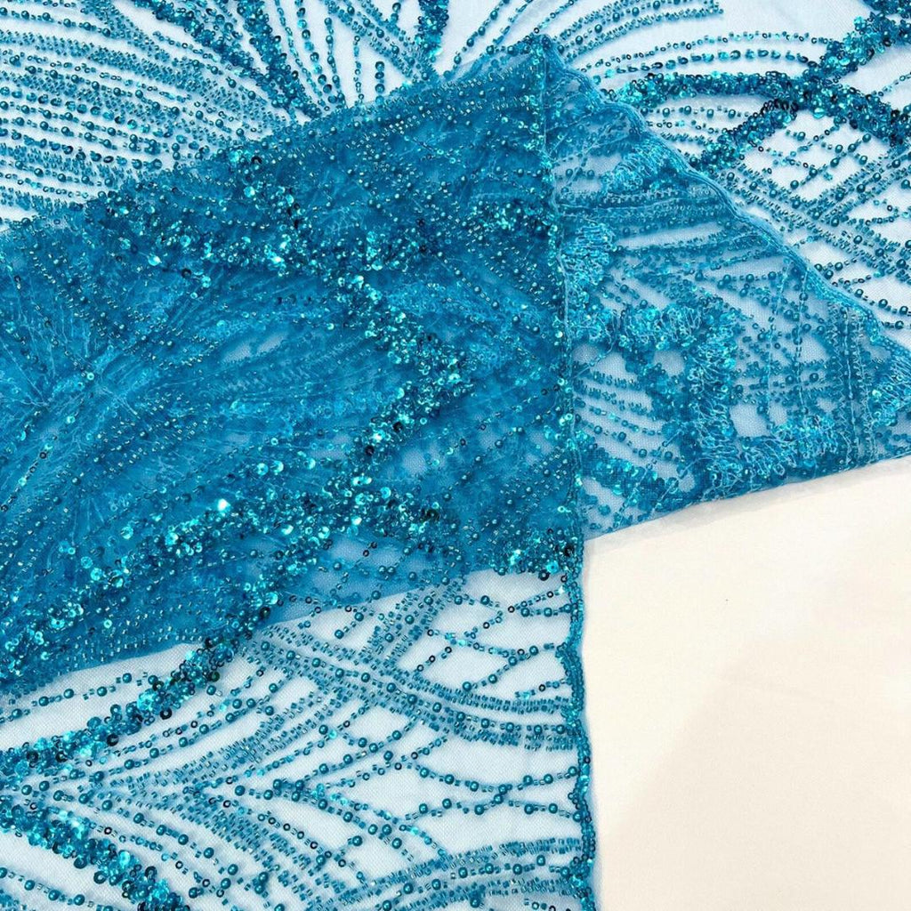 TURQUOISE - Luxurious Design Lace - Beaded Design with Embroidered Sequins and Beads On a Mesh Lace Fabric By The Yard