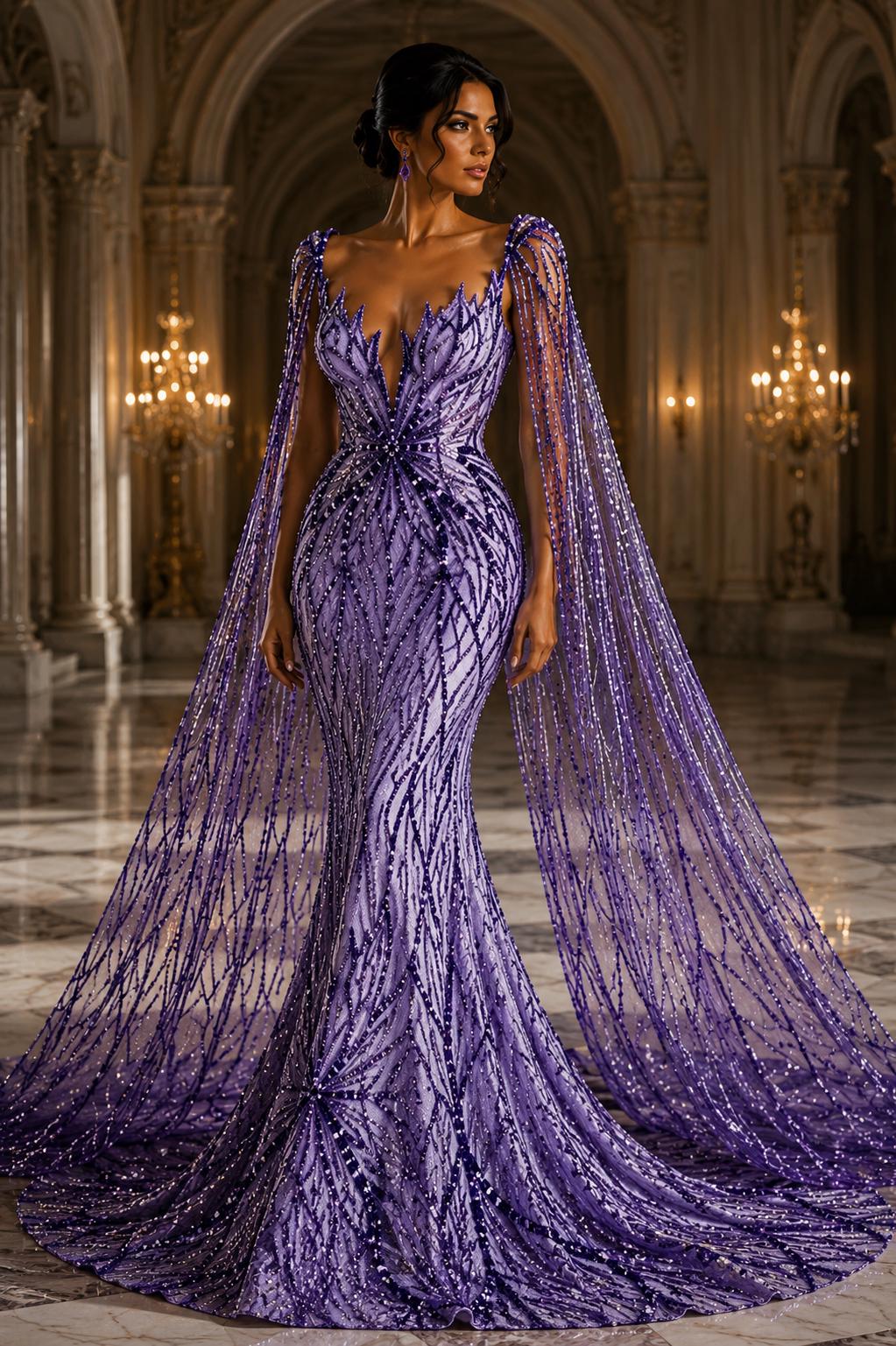 PURPLE - Luxurious Design Lace - Beaded Design with Embroidered Sequins and Beads On a Mesh Lace Fabric By The Yard