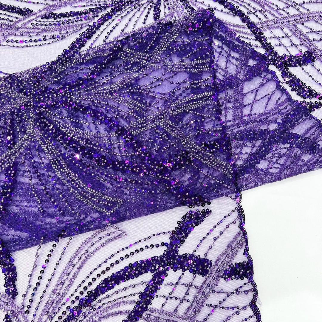 PURPLE - Luxurious Design Lace - Beaded Design with Embroidered Sequins and Beads On a Mesh Lace Fabric By The Yard