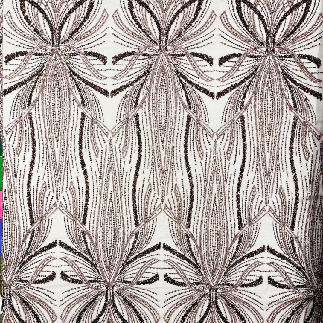 BROWN - Luxurious Design Lace - Beaded Design with Embroidered Sequins and Beads On a Mesh Lace Fabric By The Yard