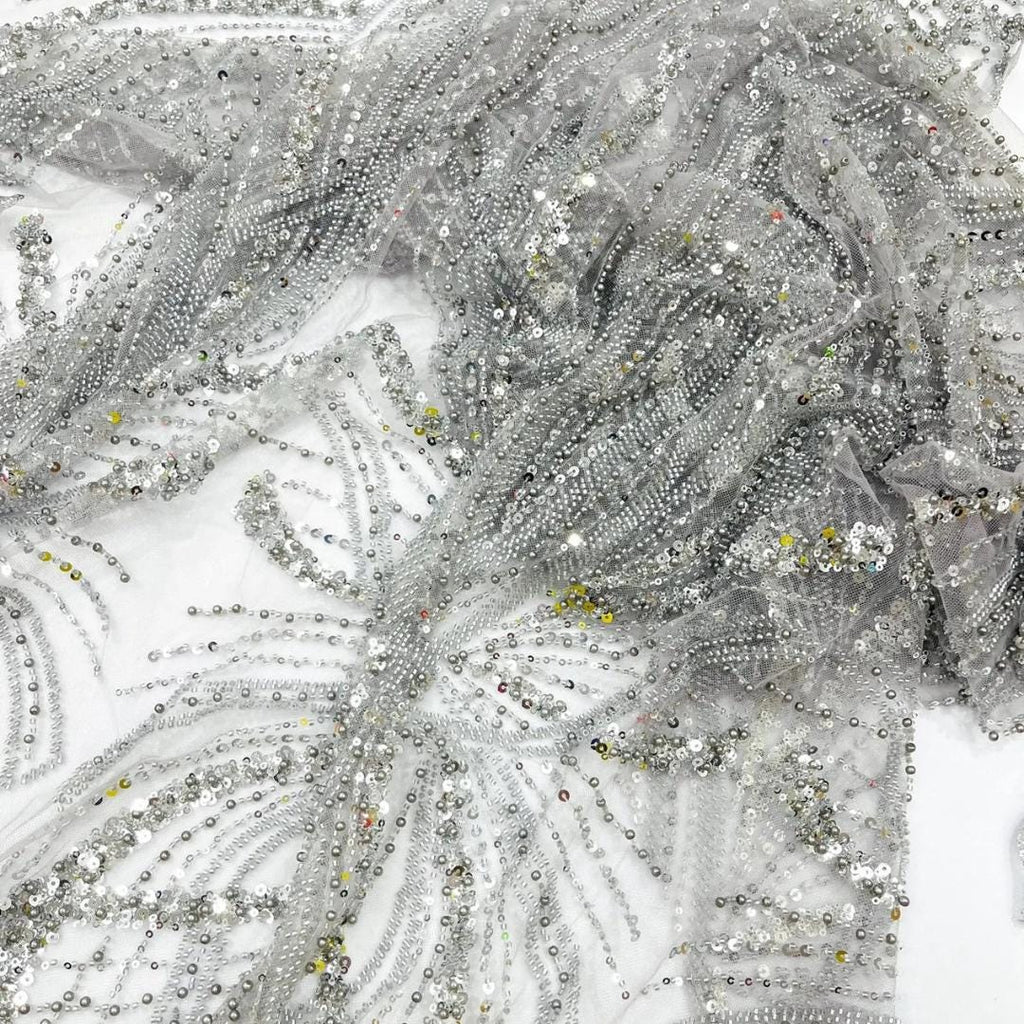 SILVER - Luxurious Design Lace - Beaded Design with Embroidered Sequins and Beads On a Mesh Lace Fabric By The Yard