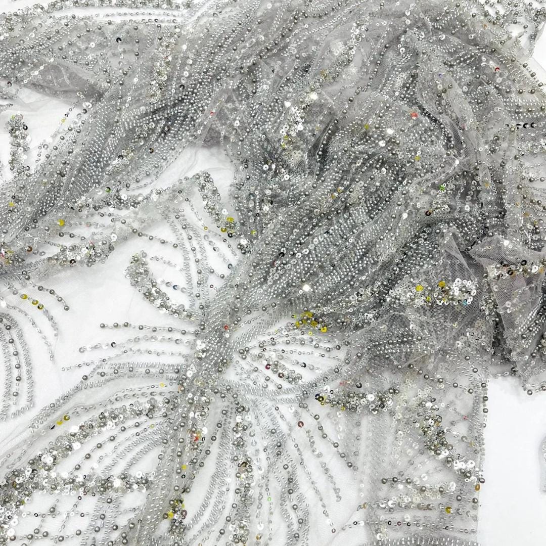 SILVER - Luxurious Design Lace - Beaded Design with Embroidered Sequins and Beads On a Mesh Lace Fabric By The Yard