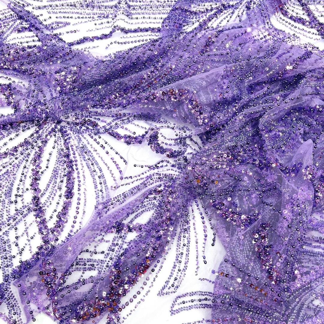LILAC - Luxurious Design Lace - Beaded Design with Embroidered Sequins and Beads On a Mesh Lace Fabric By The Yard