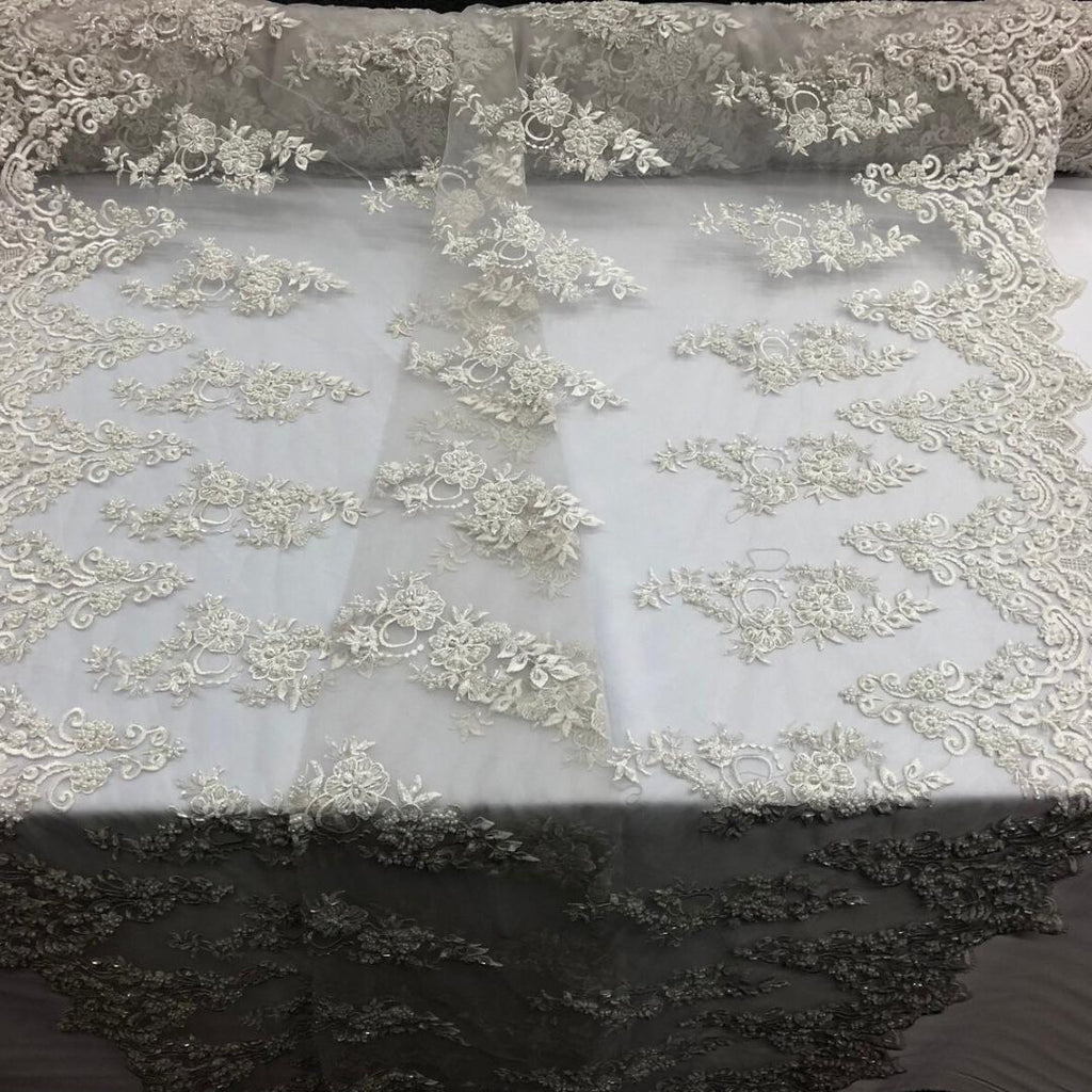 Ivory - Luxury Lace - Beaded Design with Embroidered Sequins and Beads On a Mesh Lace Fabric for Prom Dress By The Yard