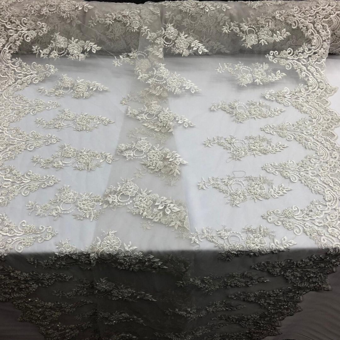 Ivory - Luxury Lace - Beaded Design with Embroidered Sequins and Beads On a Mesh Lace Fabric for Prom Dress By The Yard