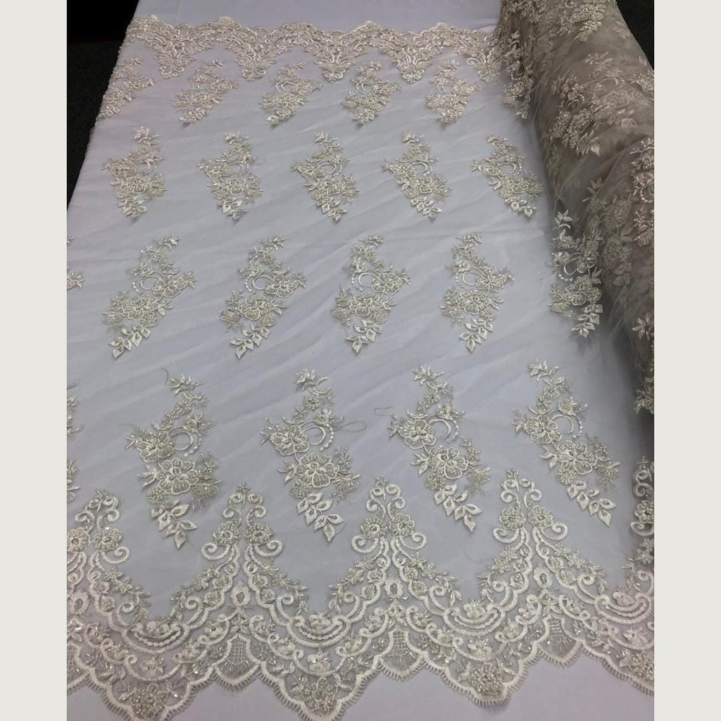 Ivory - Luxury Lace - Beaded Design with Embroidered Sequins and Beads On a Mesh Lace Fabric for Prom Dress By The Yard