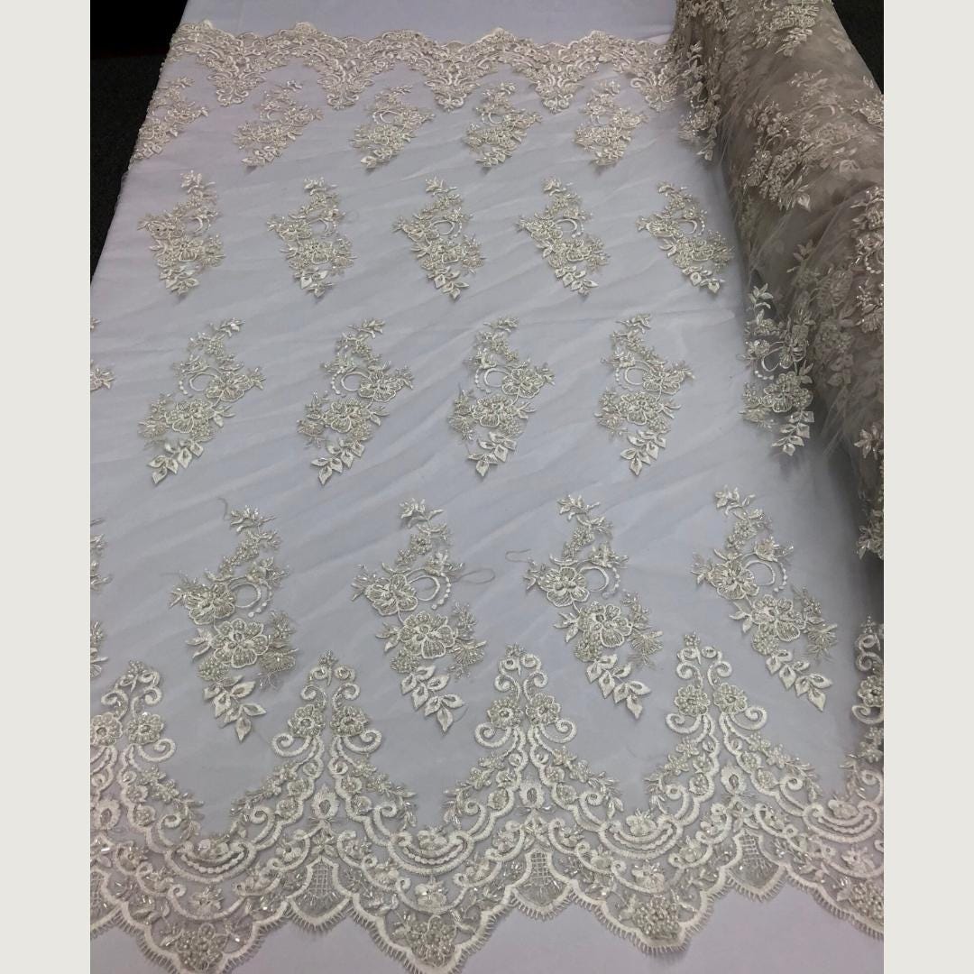 Ivory - Luxury Lace - Beaded Design with Embroidered Sequins and Beads On a Mesh Lace Fabric for Prom Dress By The Yard