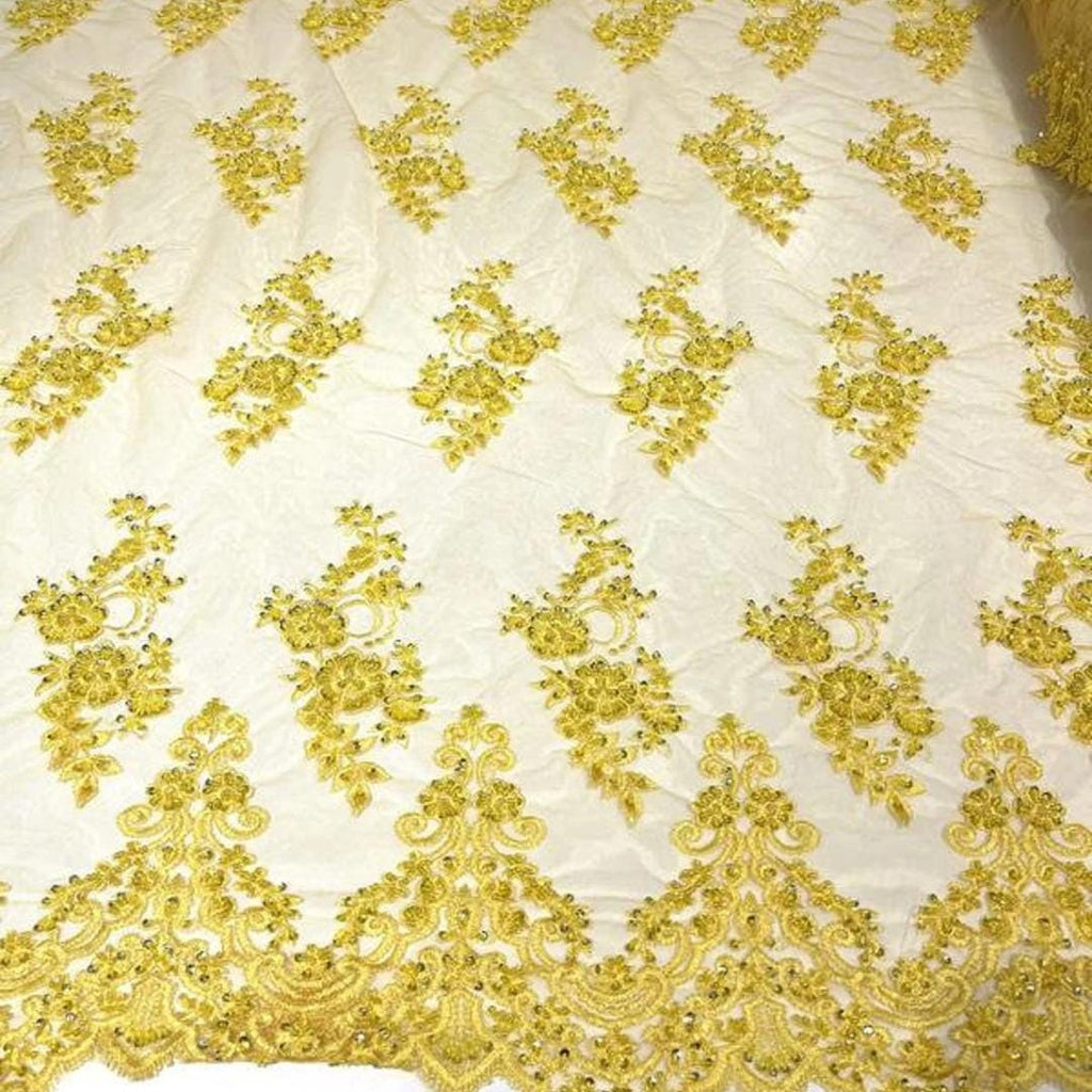 Yellow - Luxury Lace - Beaded Design with Embroidered Sequins and Beads On a Mesh Lace Fabric for Prom Dress By The Yard