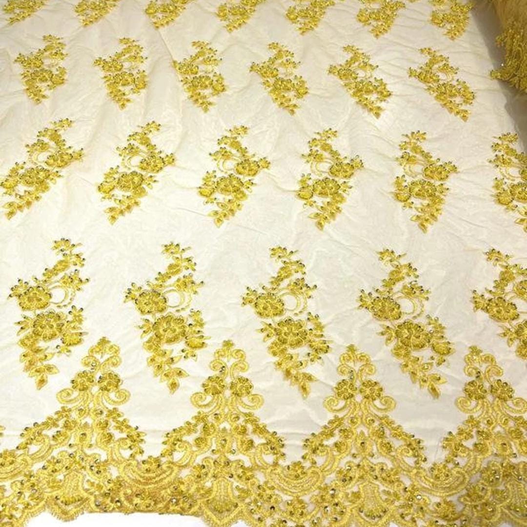 Yellow - Luxury Lace - Beaded Design with Embroidered Sequins and Beads On a Mesh Lace Fabric for Prom Dress By The Yard
