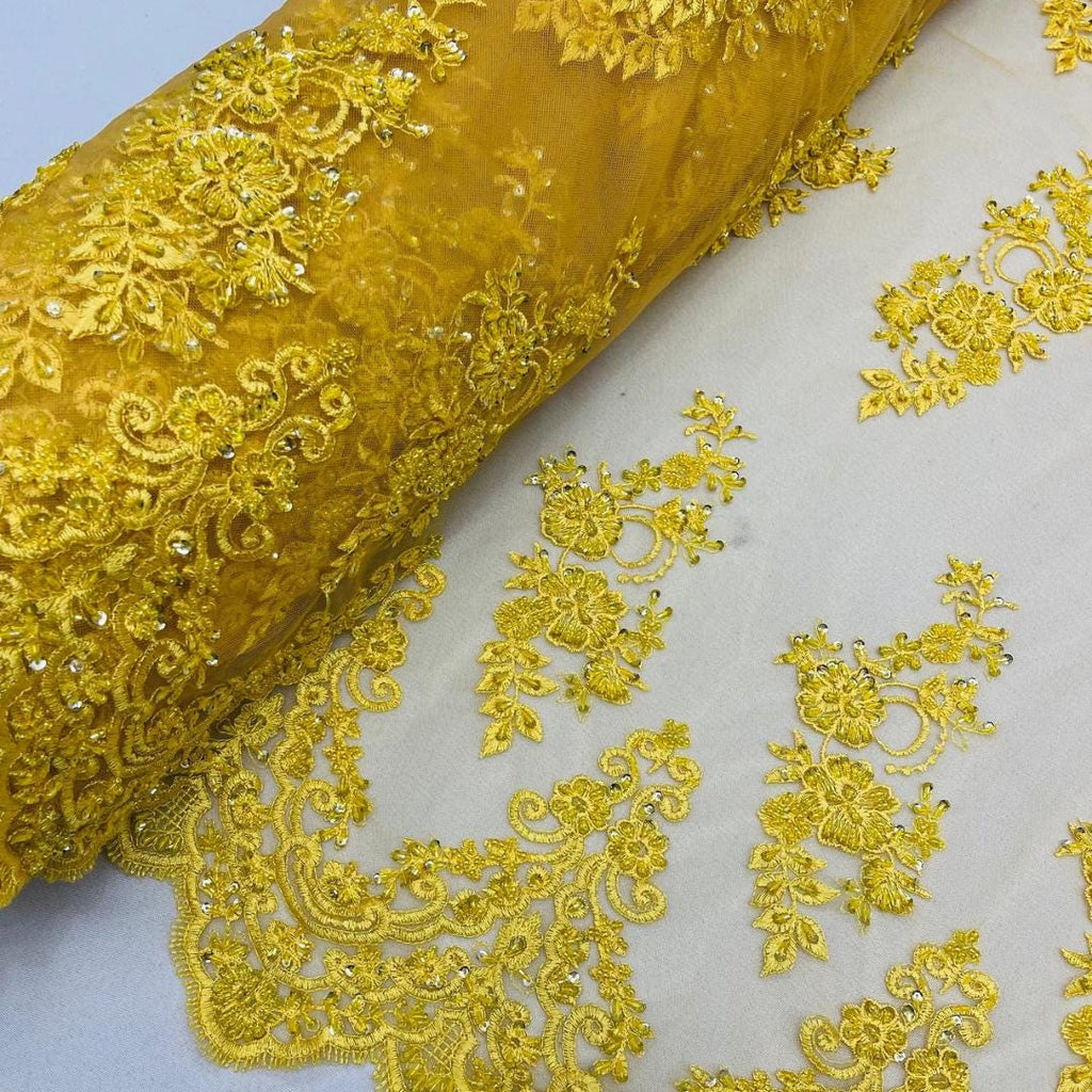 Yellow - Luxury Lace - Beaded Design with Embroidered Sequins and Beads On a Mesh Lace Fabric for Prom Dress By The Yard