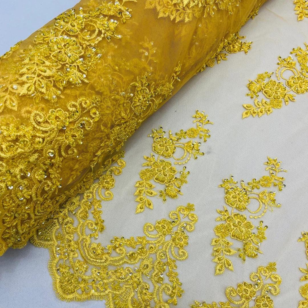 Yellow - Luxury Lace - Beaded Design with Embroidered Sequins and Beads On a Mesh Lace Fabric for Prom Dress By The Yard