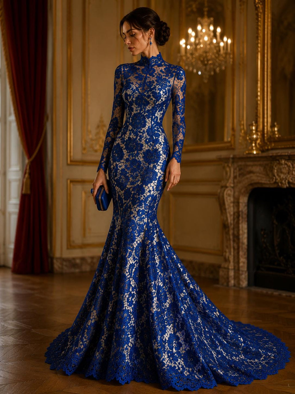 Floral Guipure Lace Fabric - ROYAL - Bridal Wedding Dress Lace a Mesh Fabric for Prom Dress. Sold By The Yard