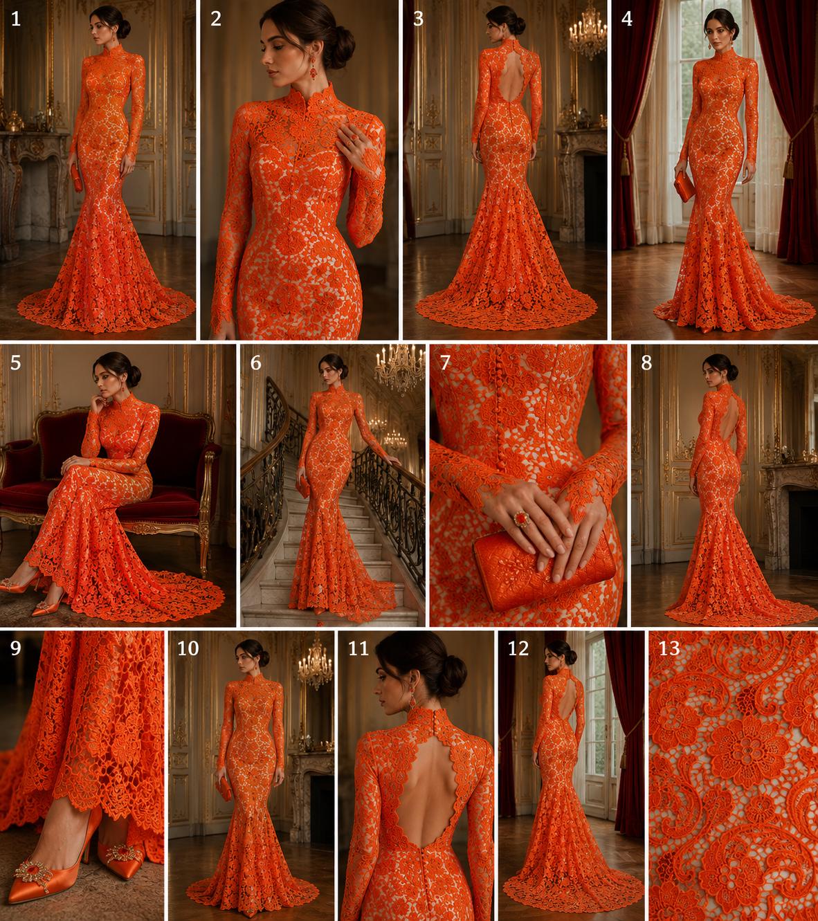Floral Guipure Lace Fabric - ORANGE - Bridal Wedding Dress Lace a Mesh Fabric for Prom Dress. Sold By The Yard