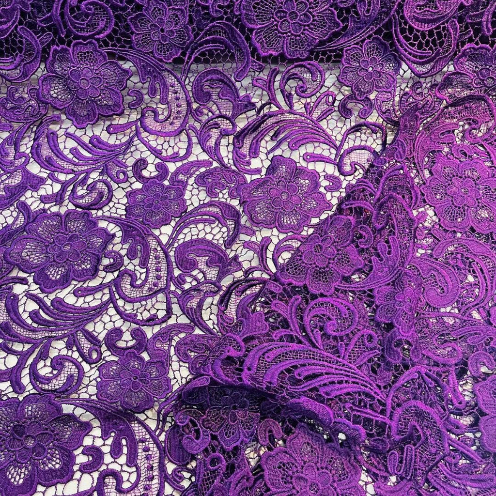 Floral Guipure Lace Fabric - PURPLE - Bridal Wedding Dress Lace a Mesh Fabric for Prom Dress. Sold By The Yard