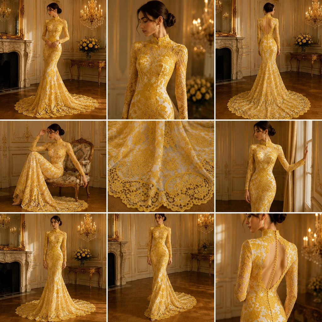Floral Guipure Lace Fabric - YELLOW  - Bridal Wedding Dress Lace a Mesh Fabric for Prom Dress. Sold By The Yard