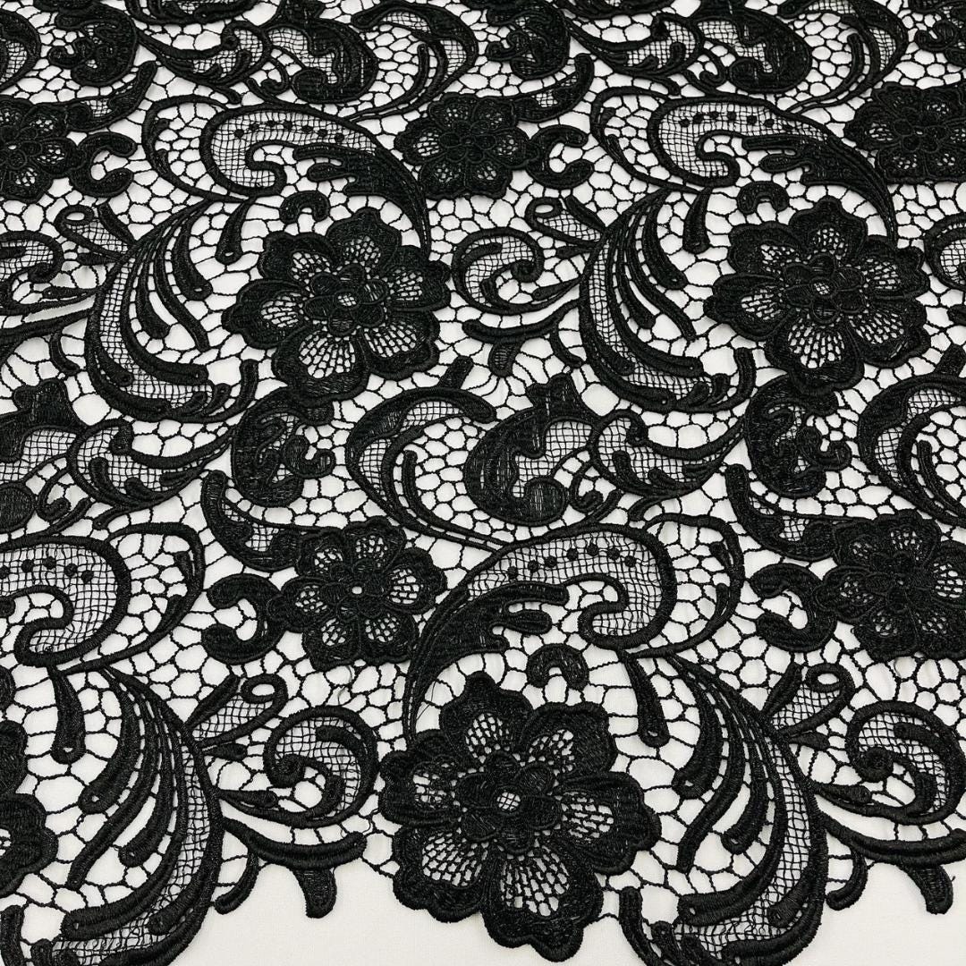 Floral Guipure Lace Fabric - BLACK - Bridal Wedding Dress Lace a Mesh Fabric for Prom Dress. Sold By The Yard
