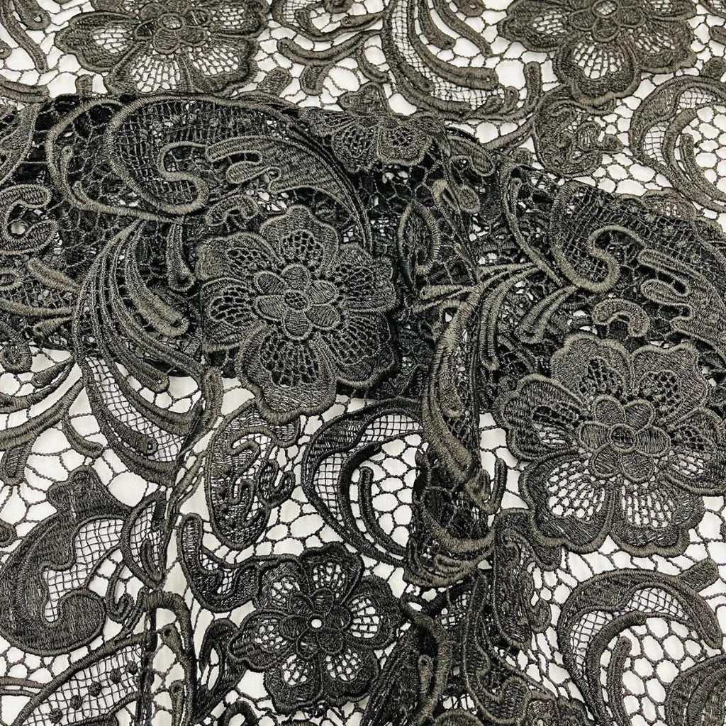 Floral Guipure Lace Fabric - BLACK - Bridal Wedding Dress Lace a Mesh Fabric for Prom Dress. Sold By The Yard