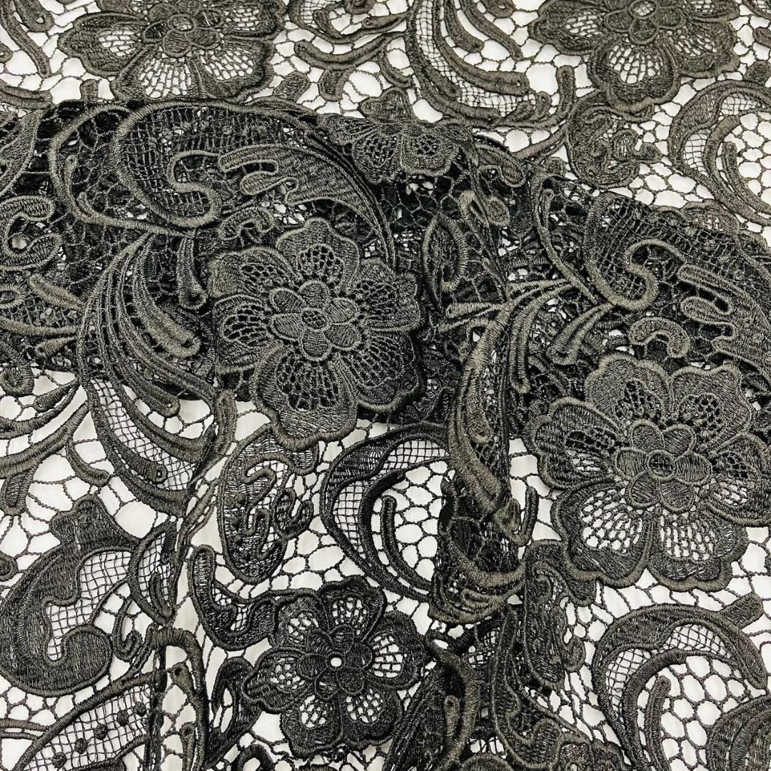 Floral Guipure Lace Fabric - BLACK - Bridal Wedding Dress Lace a Mesh Fabric for Prom Dress. Sold By The Yard