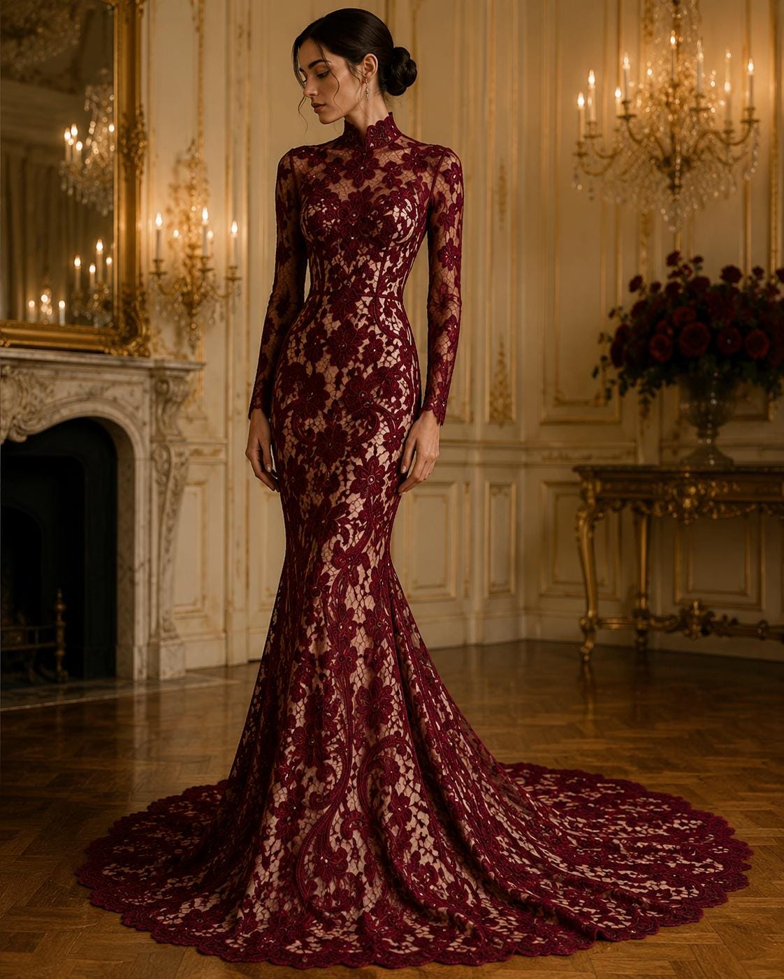 Floral Guipure Lace Fabric - BURGUNDY - Bridal Wedding Dress Lace a Mesh Fabric for Prom Dress. Sold By The Yard