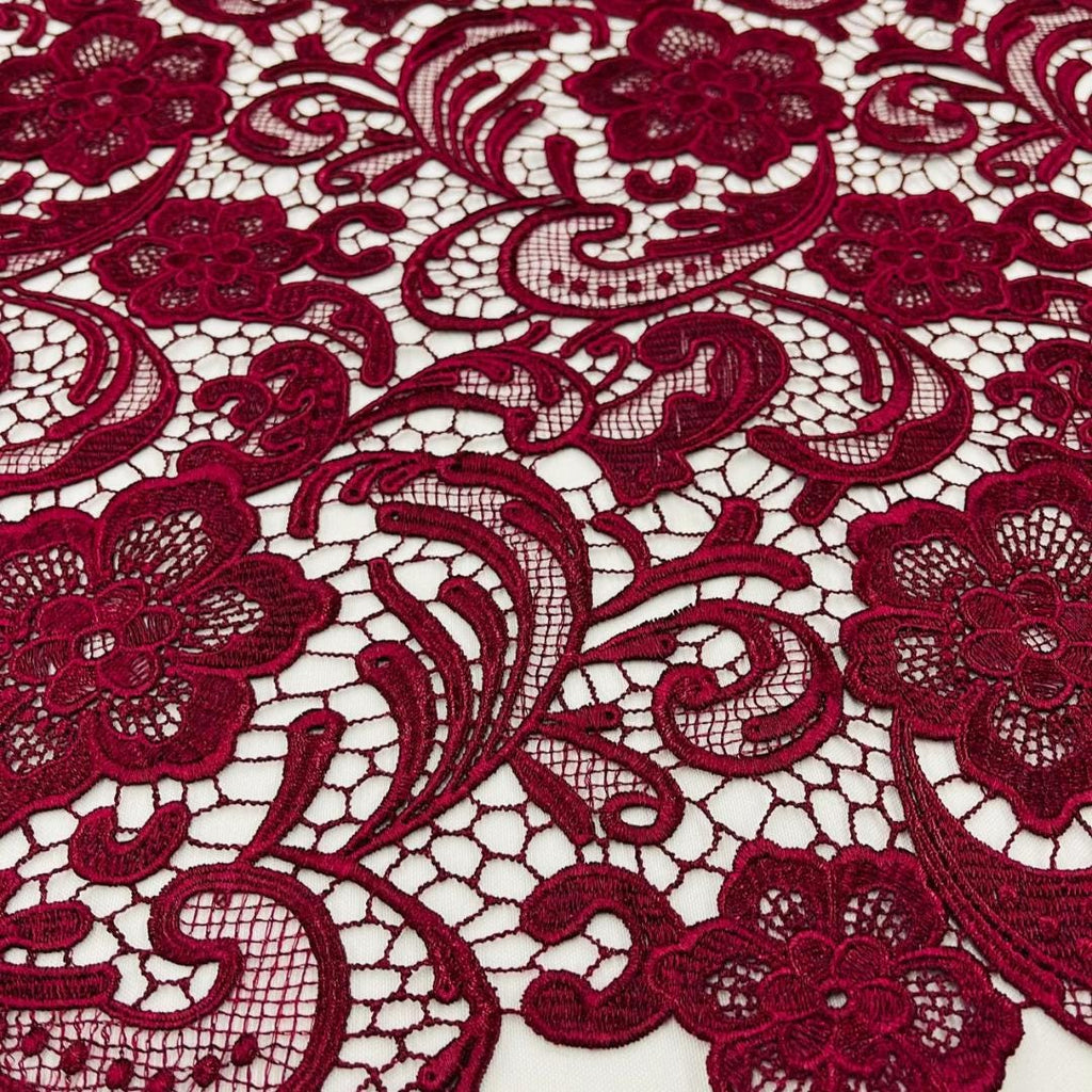 Floral Guipure Lace Fabric - BURGUNDY - Bridal Wedding Dress Lace a Mesh Fabric for Prom Dress. Sold By The Yard