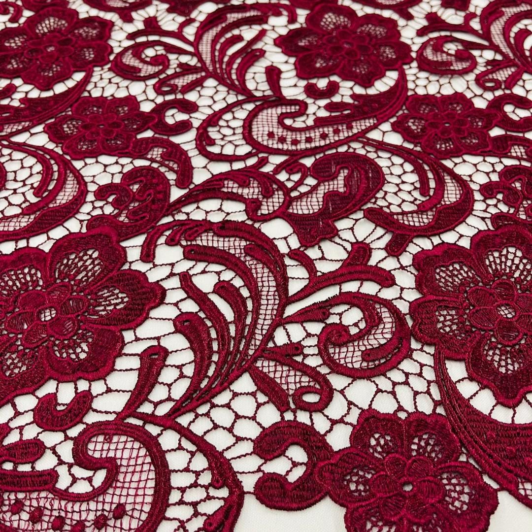 Floral Guipure Lace Fabric - BURGUNDY - Bridal Wedding Dress Lace a Mesh Fabric for Prom Dress. Sold By The Yard