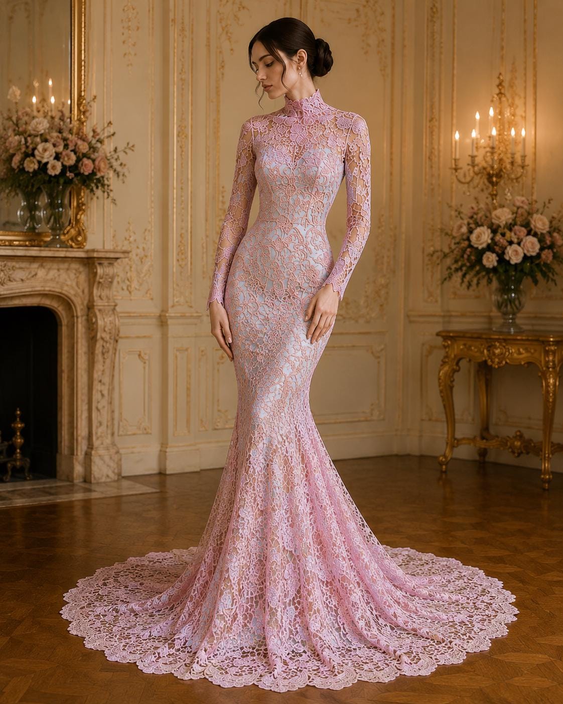 Floral Guipure Lace Fabric - PINK - Bridal Wedding Dress Lace a Mesh Fabric for Prom Dress. Sold By The Yard
