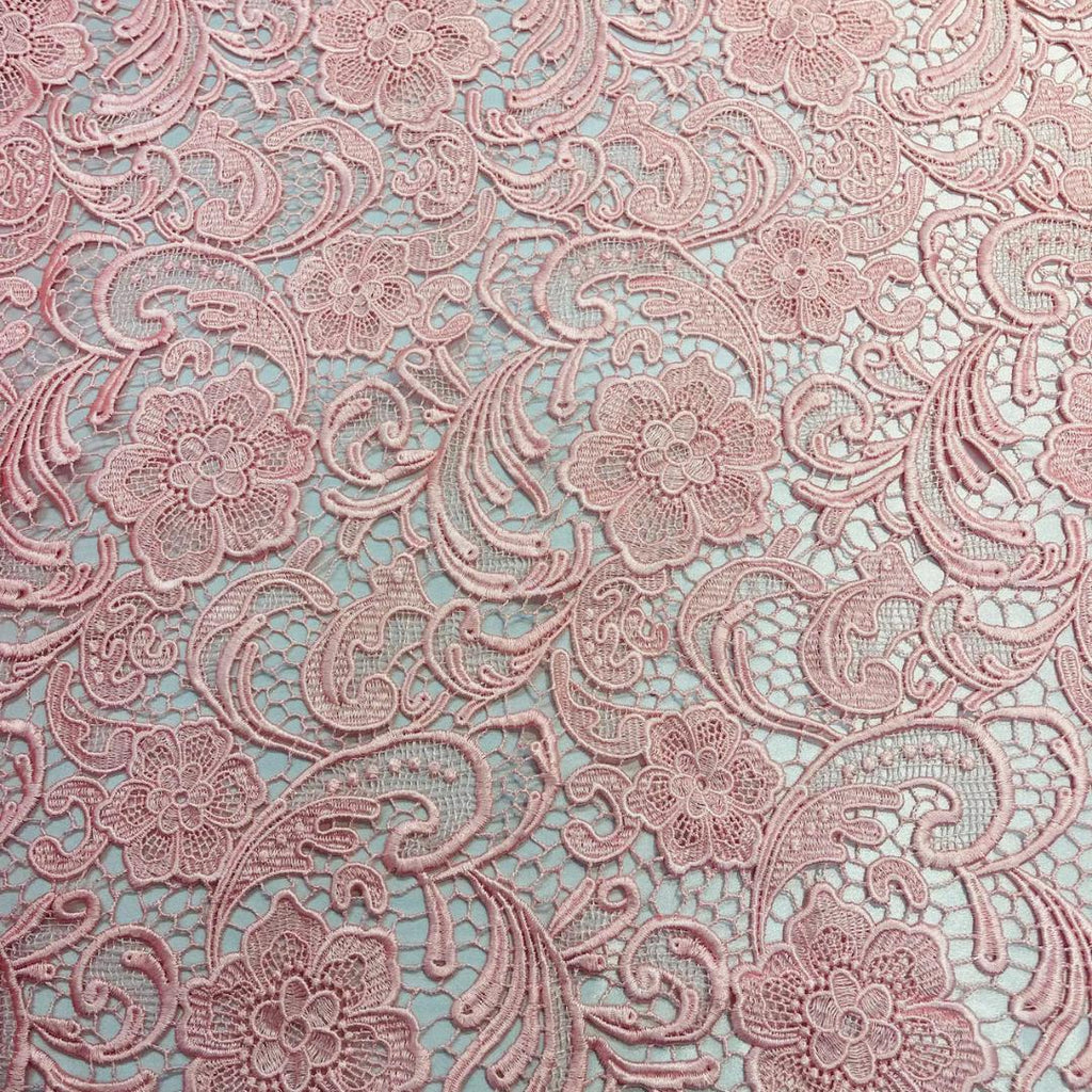 Floral Guipure Lace Fabric - PINK - Bridal Wedding Dress Lace a Mesh Fabric for Prom Dress. Sold By The Yard