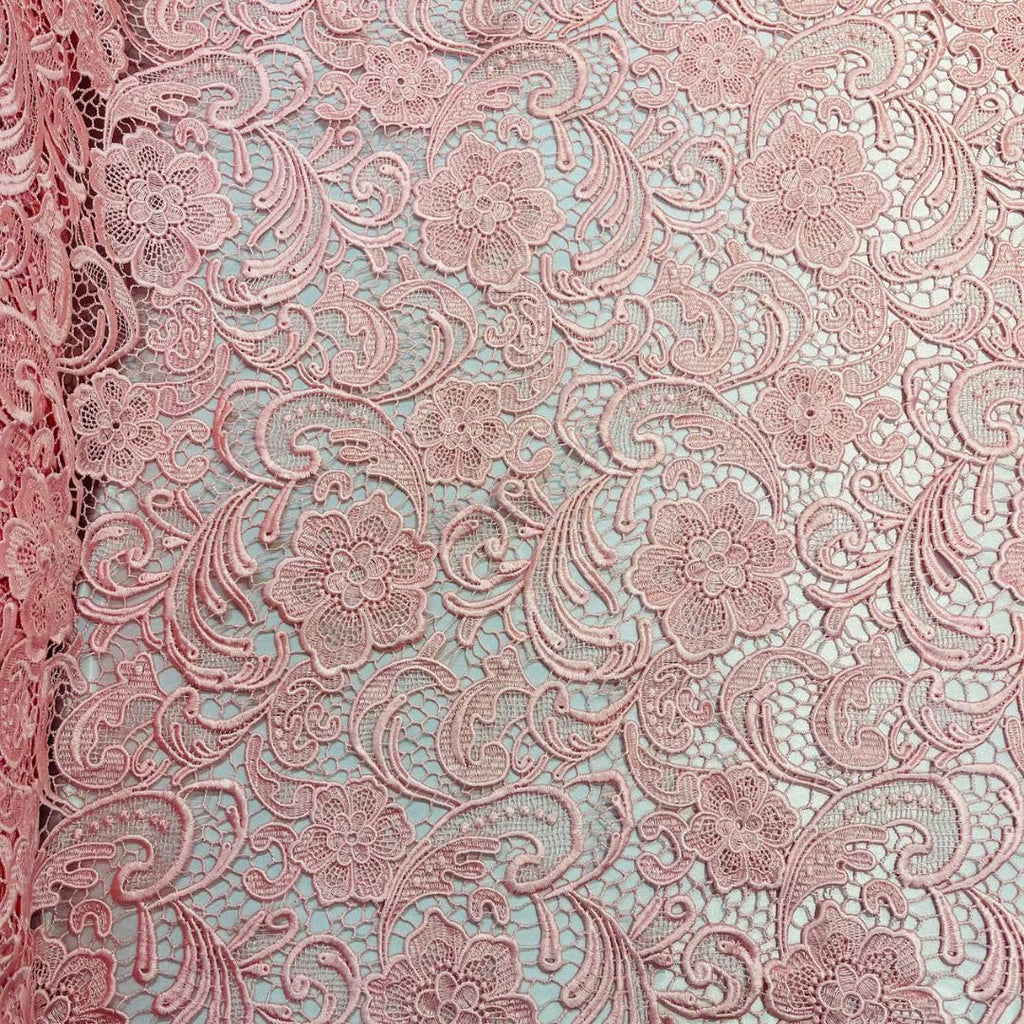 Floral Guipure Lace Fabric - PINK - Bridal Wedding Dress Lace a Mesh Fabric for Prom Dress. Sold By The Yard