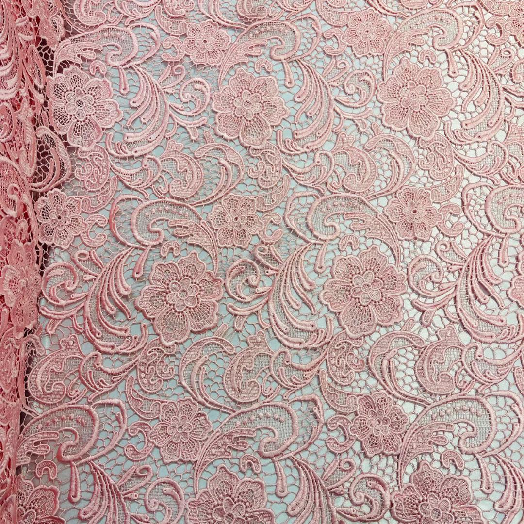 Floral Guipure Lace Fabric - PINK - Bridal Wedding Dress Lace a Mesh Fabric for Prom Dress. Sold By The Yard