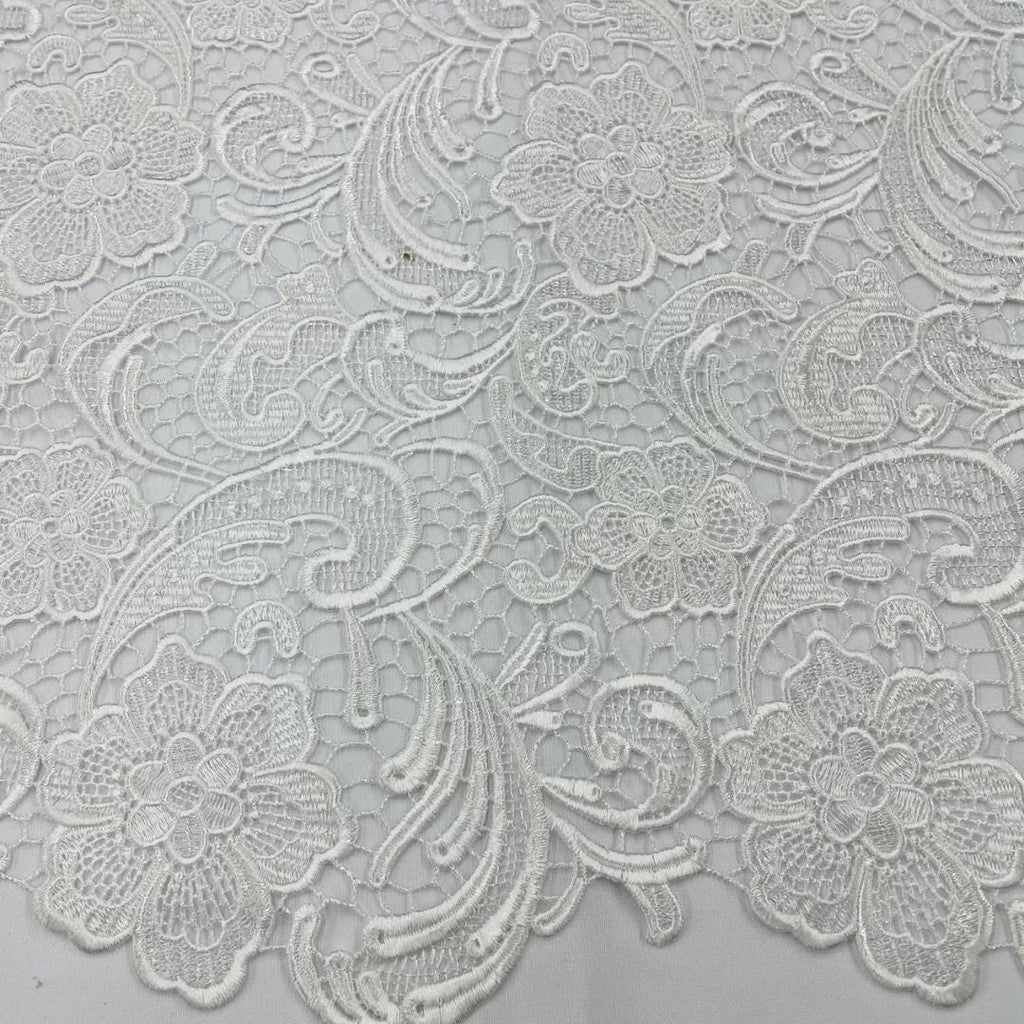 Floral Guipure Lace Fabric - WHITE - Bridal Wedding Dress Lace a Mesh Fabric for Prom Dress. Sold By The Yard