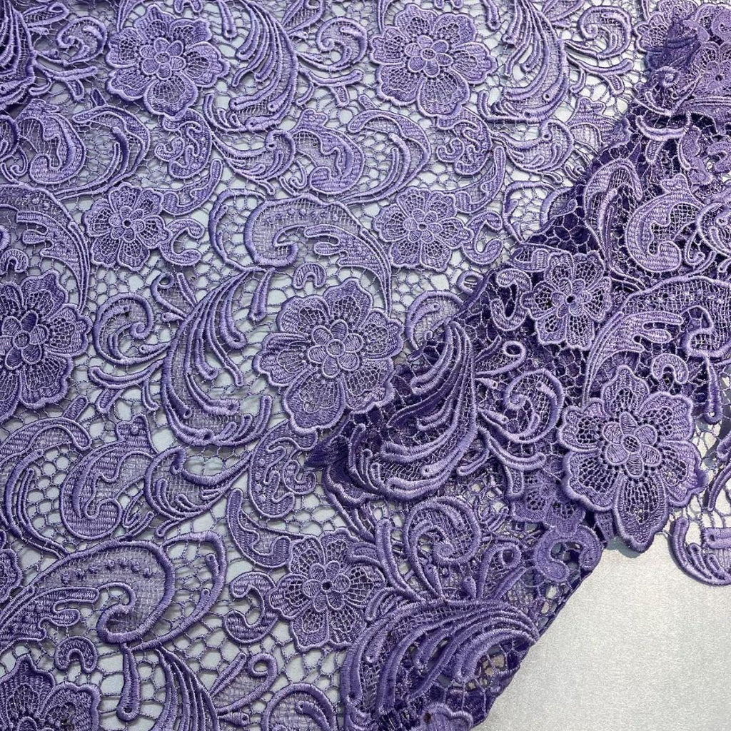 Floral Guipure Lace Fabric - LILAC - Bridal Wedding Dress Lace a Mesh Fabric for Prom Dress. Sold By The Yard