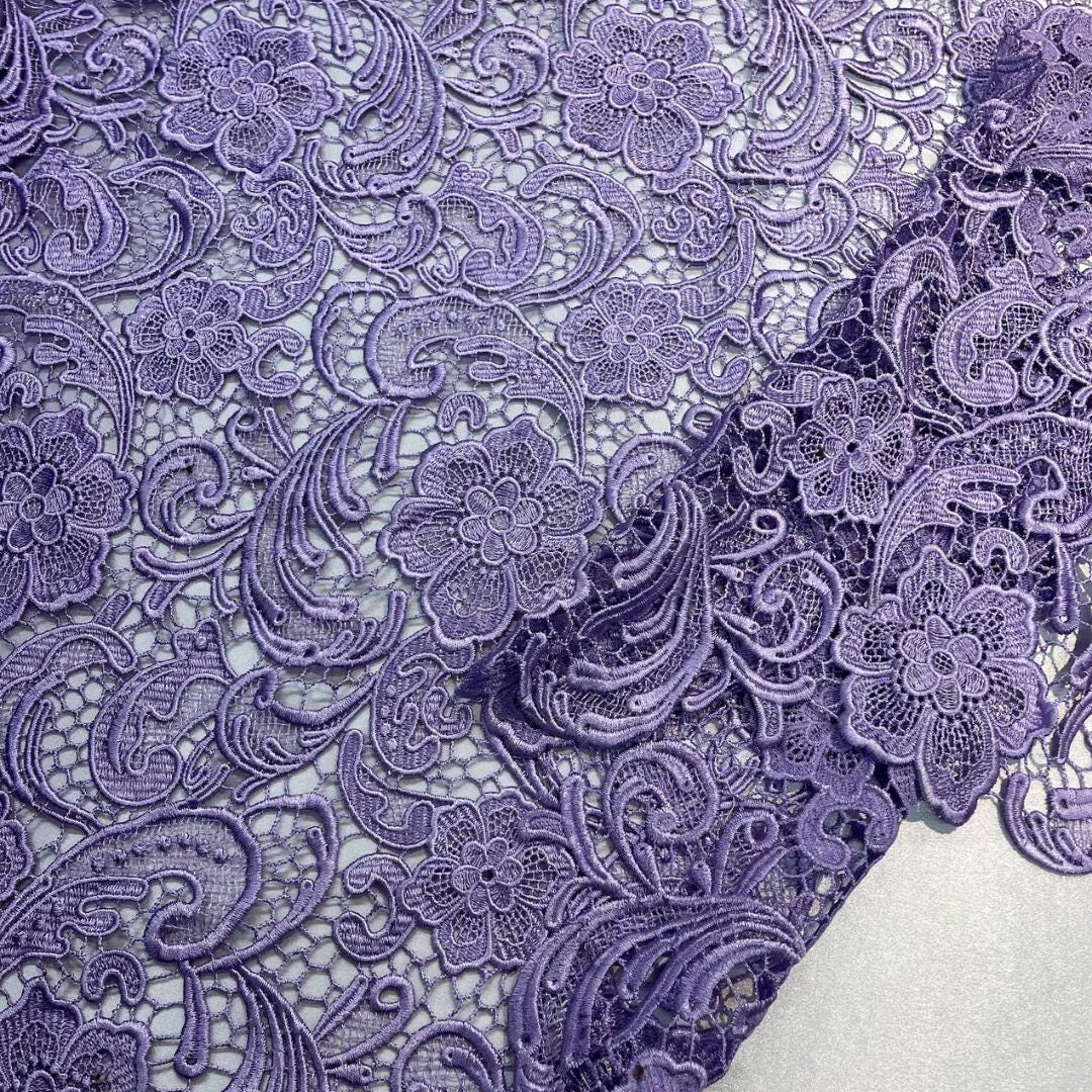 Floral Guipure Lace Fabric - LILAC - Bridal Wedding Dress Lace a Mesh Fabric for Prom Dress. Sold By The Yard