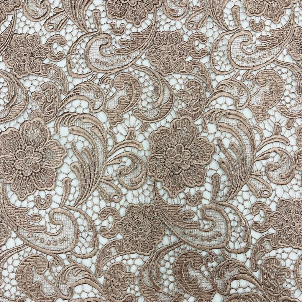 Floral Guipure Lace Fabric - COFFEE - Bridal Wedding Dress Lace a Mesh Fabric  Sold By The Yard