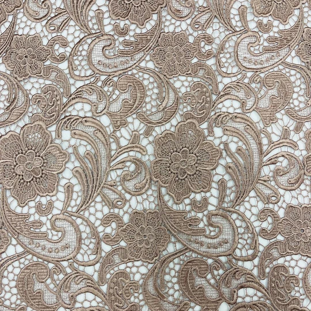Floral Guipure Lace Fabric - COFFEE - Bridal Wedding Dress Lace a Mesh Fabric  Sold By The Yard