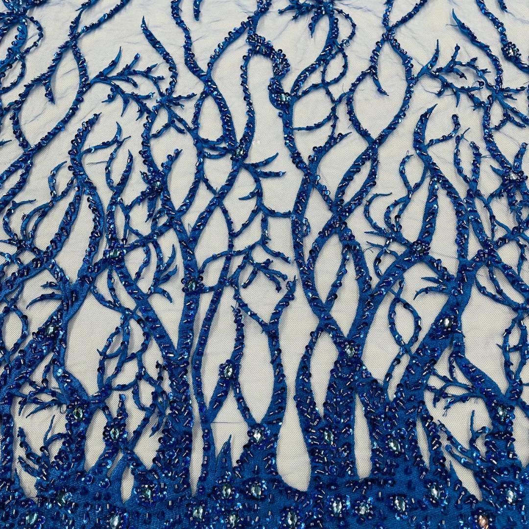 Royal - Luxury Vine Lace  - Beaded Design with Embroidered Sequins and Beads On a Mesh Lace Fabric for Prom Dress. Sold By The Yard