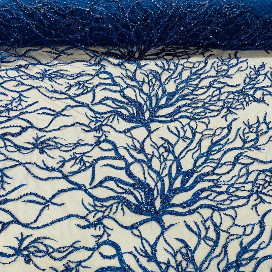Royal - Luxury Vine Lace  - Beaded Design with Embroidered Sequins and Beads On a Mesh Lace Fabric for Prom Dress. Sold By The Yard